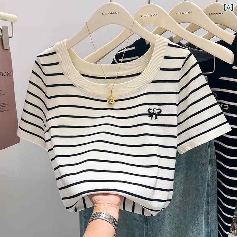 Tシャツ レディース 半袖 薄手 接触冷感 ストライプ トップス スリムフィット ショート丈 蝶結び 刺繍 デザイン ニット 通勤 オフィス おしゃれ かわいい 配色 普段使い