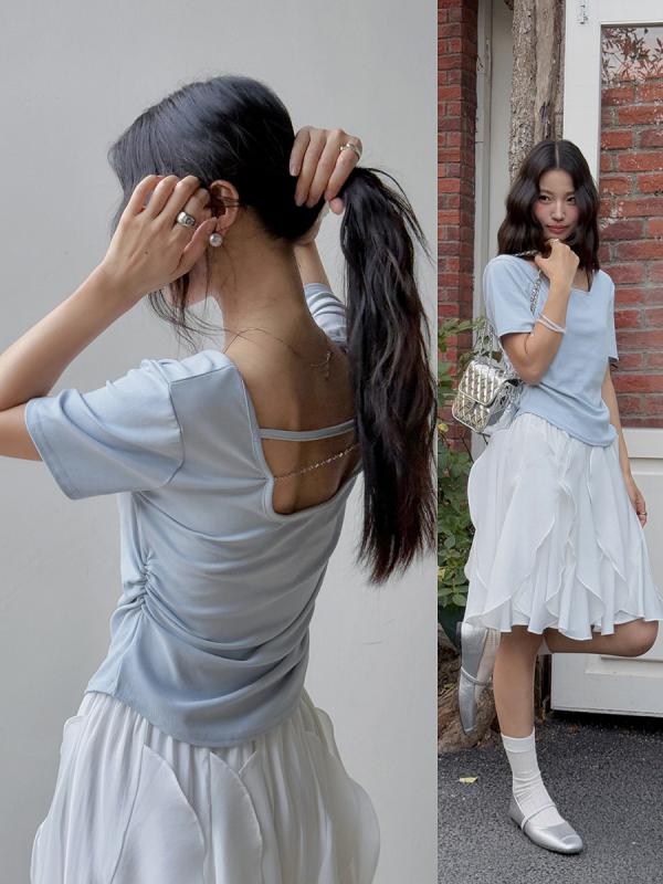 Tシャツ レディース 半袖 背中開き トップス 夏 スクエアネック カットソー プルオーバー ゆったりサイズ 白 浅青 紺色 無地 人棉