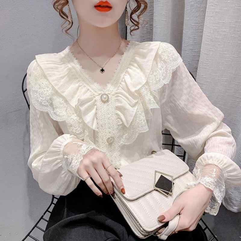 ブラウス レディース 春秋 Vネック レース 荷葉フリル シフォン エレガント トップス ノースリーブ チュニック プリンセススリーブ きれいめ フェミニン お出かけ デート 普段使い ポリエステル 杏色 ホワイト
