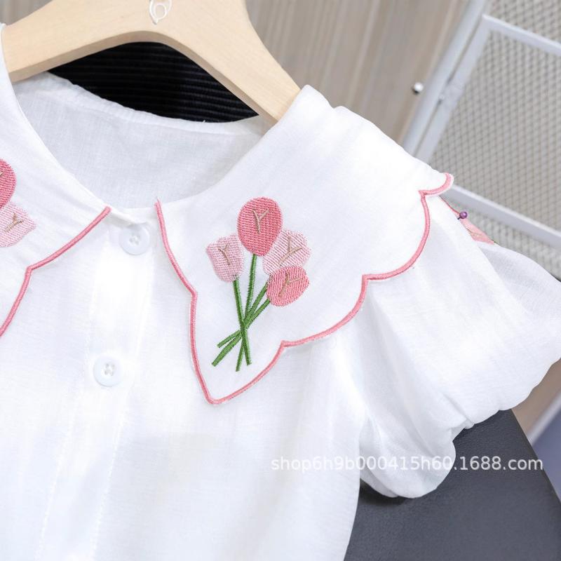 子供服 シャツ 半袖 春夏 チュニック ブラウス 襟付き 花柄 刺繍 かわいい おしゃれ 雪紡 シフォン 80cm 90cm 100cm 110cm 120cm 130cm