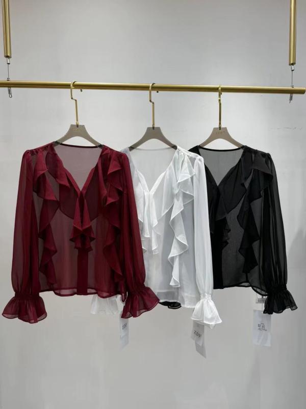 シャツ レディース Vネック ブラウス 長袖 シフォン トップス 薄手 きれいめ フェミニン フレア袖 体型カバー ゆったり オフィス カジュアル 白 黒 ワインレッド
