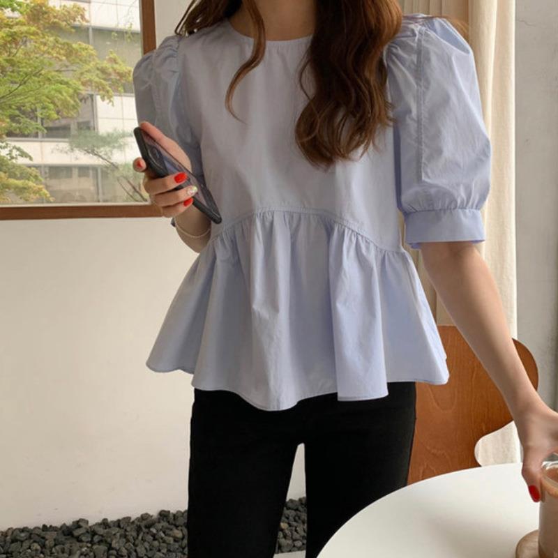 シャツ レディース 春夏 半袖 丸首 パフスリーブ ゆったり かわいい ブラウス 切り替え 接触冷感 ブルー トップス 通勤