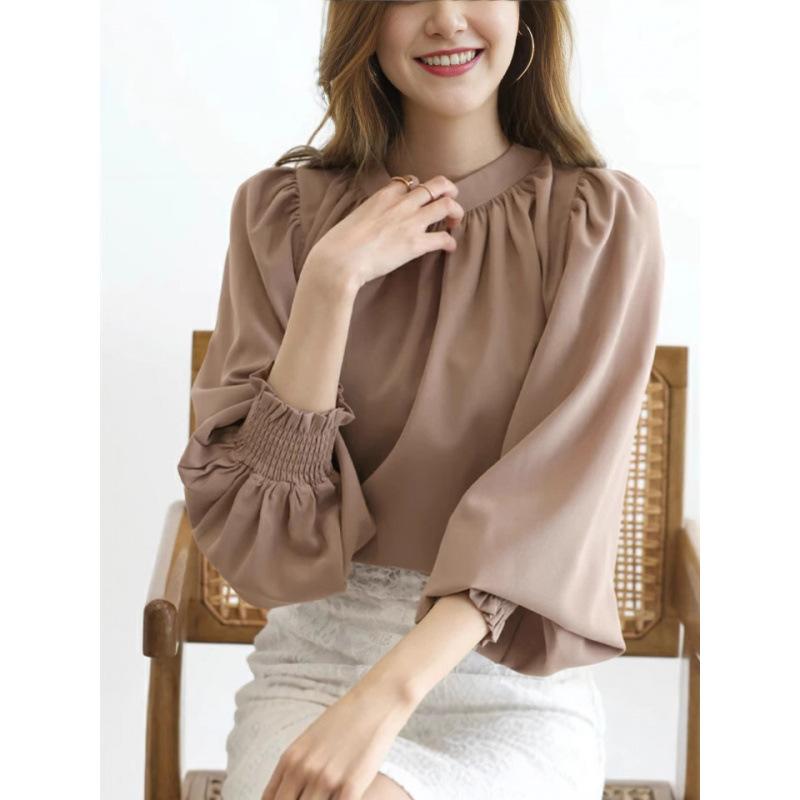 シャツ レディース 韓国風 泡泡袖 トップス 長袖 カットソー ゆったり 褶? Uネック ポリエステル 普段使い 清新 甘美 ブラック カーキ アプリコット バイオレット シアン