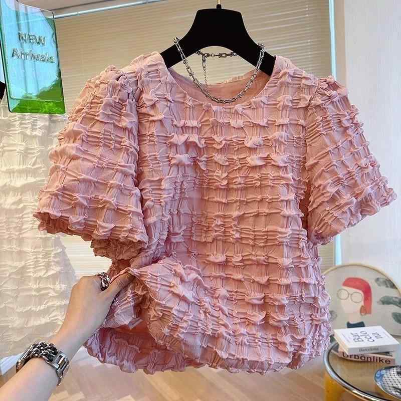 Tシャツ レディース 半袖 パフスリーブ ブラウス トップス ふんわり袖 ギャザー フェミニン ガーリー かわいい ポリエステル ピンク系 ホワイト 高品質
