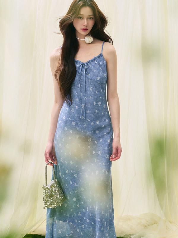 ワンピース レディース 春夏 高腰 ノースリーブ 膝丈 Aライン 接触冷感 ポリエステル 花柄 普段使い かわいい 清新 灰青色