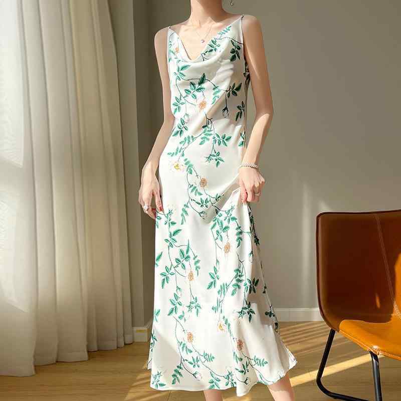 ワンピース レディース 吊りスカート Aライン ノースリーブ 膝下丈 ミモレ丈 ゆったり 接触冷感 涼しい 鮮やか 花柄 緑 パープル ブラック エレガント お洒落 通勤 オフィス