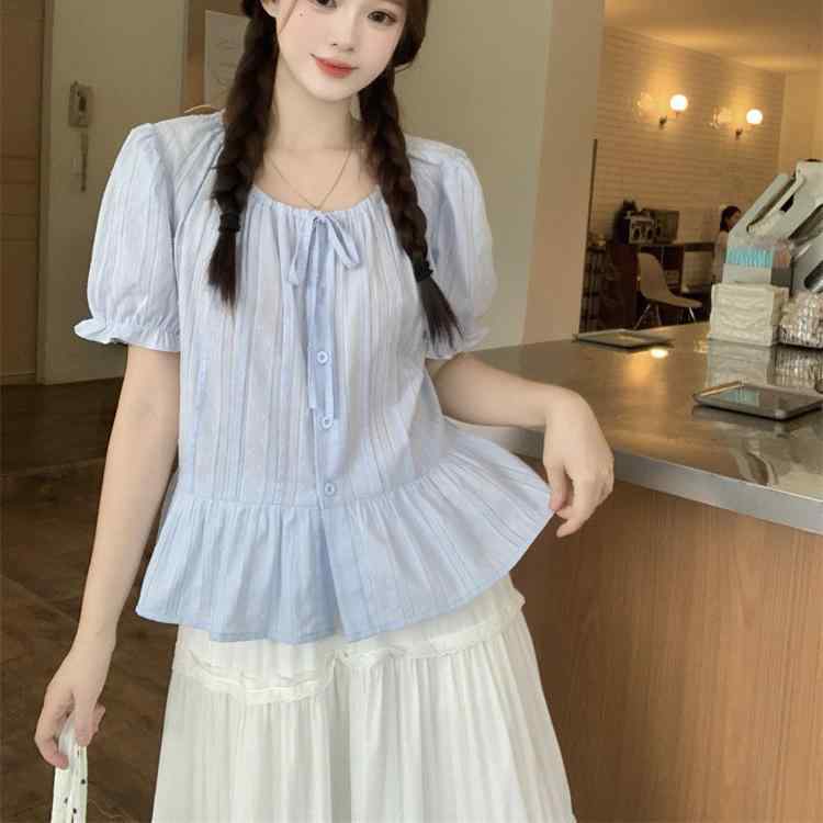シャツ レディース 半袖 雪紡 シフォン ブルー ゆったり 体型カバー フリル トップス ブラウス