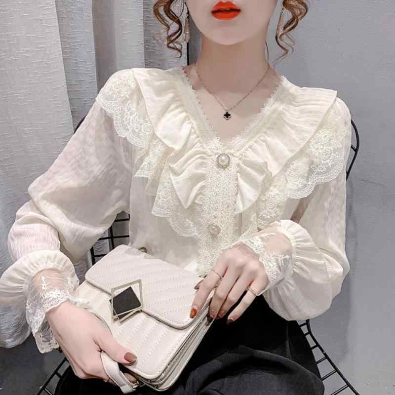 シャツ レディース 春秋 長袖 Vネック レース シフォンブラウス 杏色 白 柔らかい 通気性