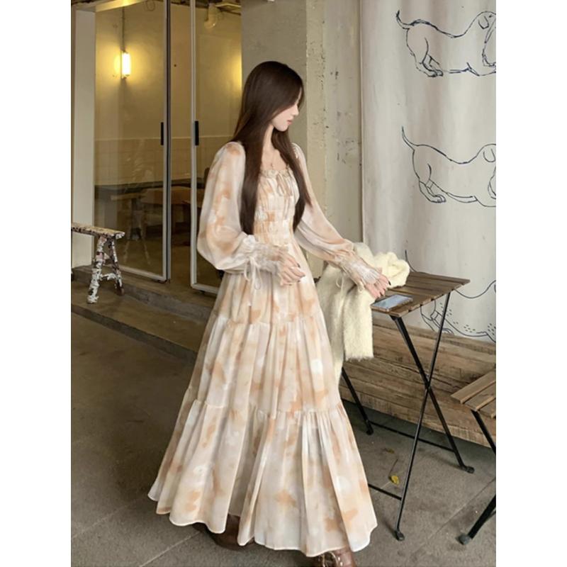 ワンピース レディース 春夏 花柄 レトロ Aライン 長袖 ロングワンピース 清楚 かわいい ポリエステル 普段使い お呼ばれ デート