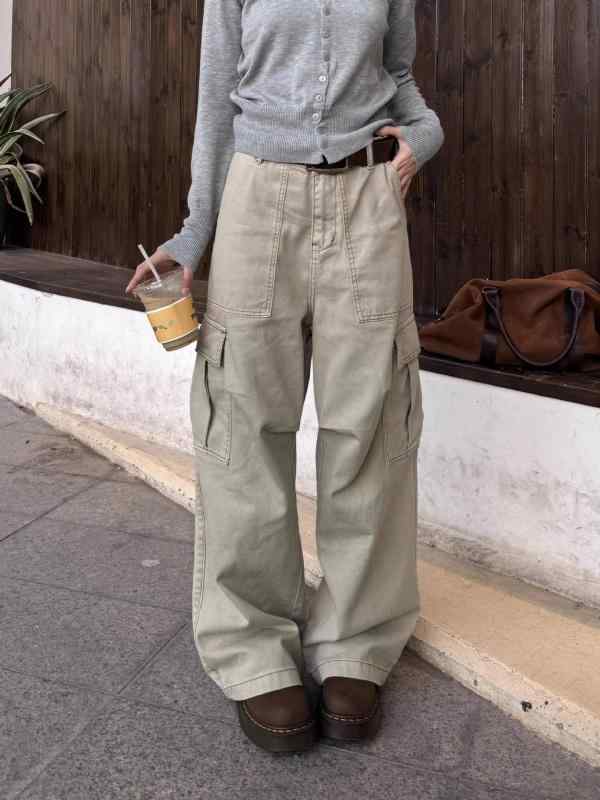 パンツ レディース ワイドパンツ カーゴパンツ ポリエステル ゆったり ストレートパンツ ワークパンツ ロングパンツ カジュアル 中厚手 ベージュ