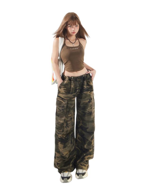 パンツ レディース 美式 レトロ 迷彩柄 ワイド カーゴパンツ ストリート ダンス 調整可能 ウエスト 裾絞り カジュアルパンツ 綿 ワークパンツ ポケット