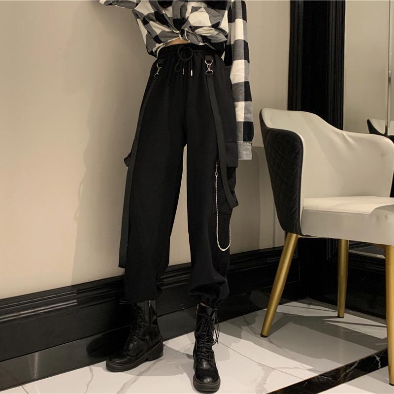 パンツ レディース カジュアル 韓国風 ゆったり ワイドレッグ ストレート カーゴパンツ ストリート チェーン 裾絞り クロップドパンツ ブラック 黒 ポケット