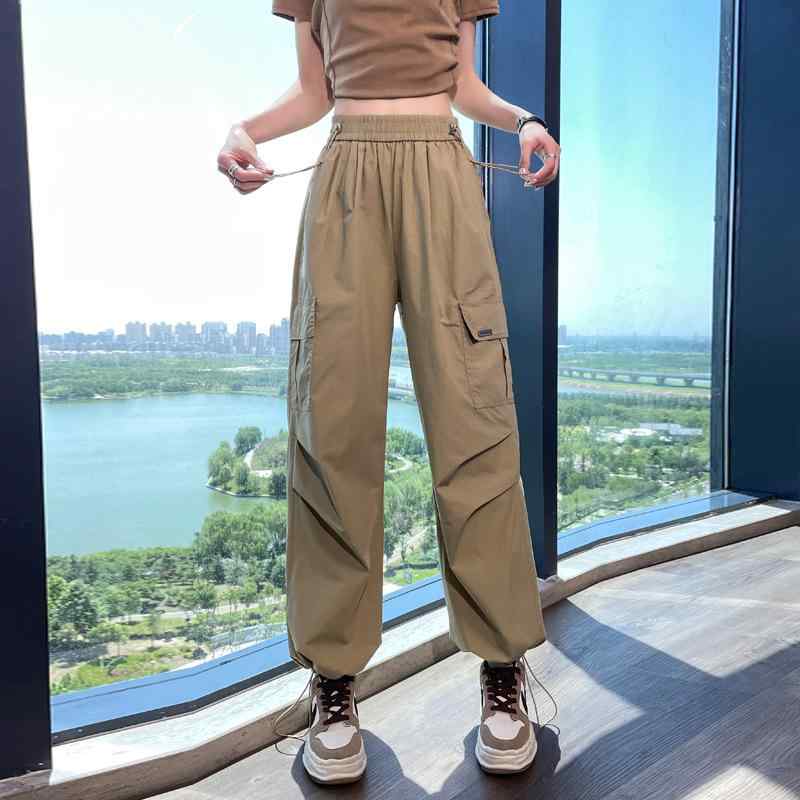 パンツ レディース カーゴパンツ ワークパンツ ポリエステル ワイドパンツ 裾絞り スポーツパンツ カジュアル 韓国ファッション 春夏 黒 ブラック カーキ