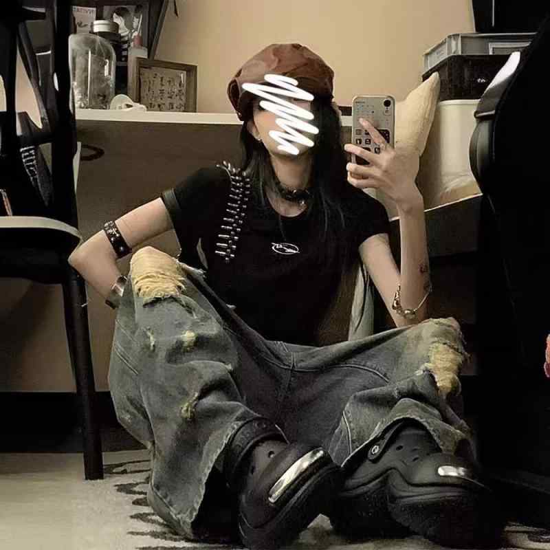 デニム レディース ダメージ加工 ストレート ワイド パンツ 春夏 ゆったり ハイウエスト ジーンズ ジーパン ズボン ボトムス カジュアル かわいい ブルー S M L XL XXL XXXL