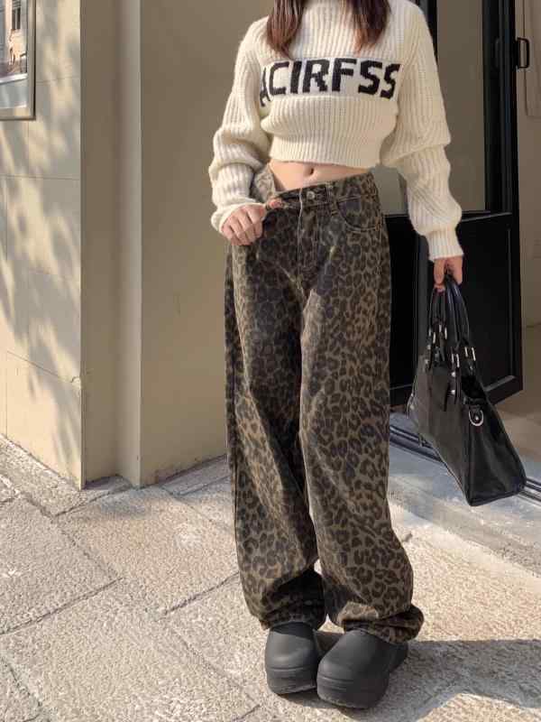ジーンズ レディース 高腰 デニムパンツ ヒョウ柄 ワイドレッグパンツ ゆったり ストレート 韓国ファッション カジュアル 薄手