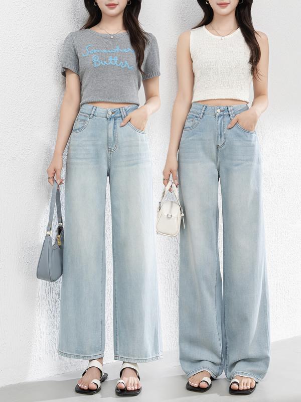 デニム レディース デニムパンツ ワイドパンツ ジーンズ ジーパン 春夏 涼感 天絲 綿 テンセル ゆったり 楽ちん リラックス 体型カバー カジュアル きれいめ かわいい 美脚 脚長 薄手 ブルー サックス S M L XL 2L 3L