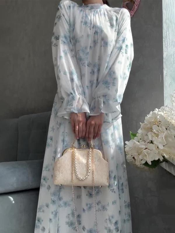 ワンピース レディース 春 長袖 フラワープリント 花柄 Aライン ロングワンピース 白 膝下丈 ひざ下 ポリエステル 綿 コットン エレガント 上品 きれいめ フェミニン 大人かわいい お呼ばれ デート 旅行