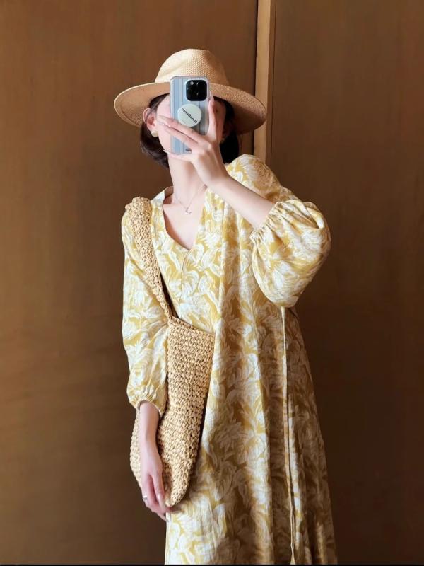 ワンピース レディース 春夏 Vネック 長袖 花柄 亜麻 ロングワンピース チュニック ゆったり 文芸風 レトロ かわいい 9分袖 顕・覧｜イーマイショップ