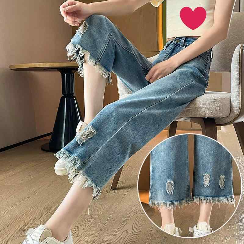 デニム レディース 9分丈 ワイドパンツ ダメージ加工 フリンジ ハイウエスト ゆったり 深青色 薄青色