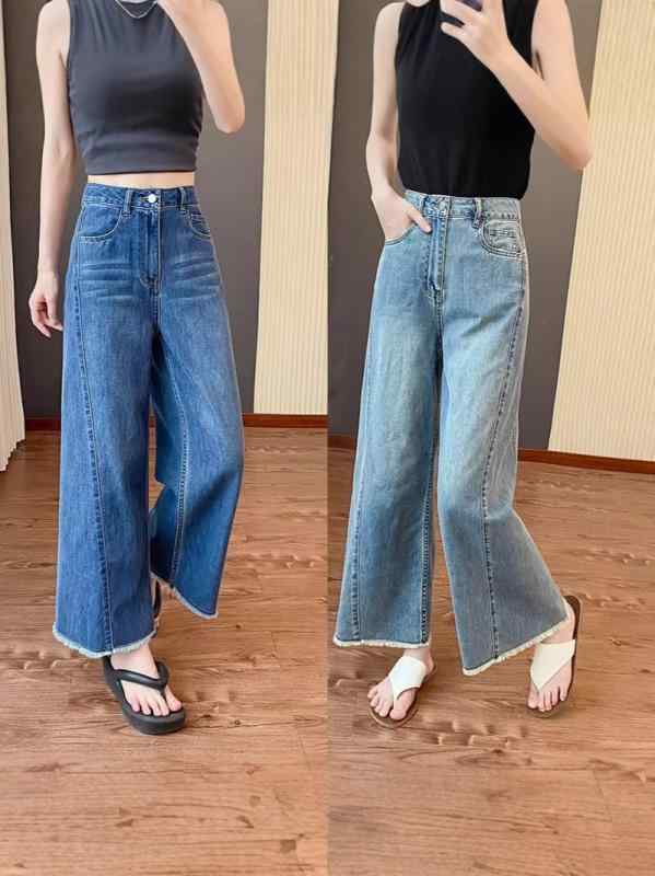 デニム レディース ジーンズ ジーパン パンツ ゆったり ワイド レトロ 高見え 脚長 美脚 9分丈 ダークブルー ライトブルー 綿 ズボン ボトムス