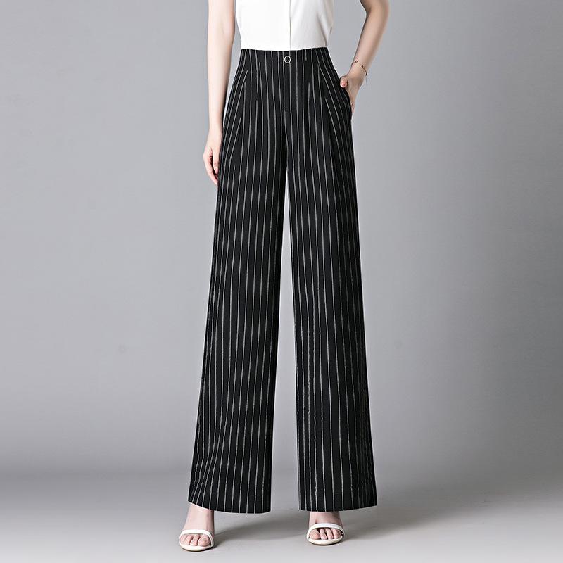 パンツ レディース ストライプ柄 ポリエステル ワイドレッグパンツ ゆったり ハイウエスト ブラック ホワイト M L XL 2XL 3XL 4XL 5XL