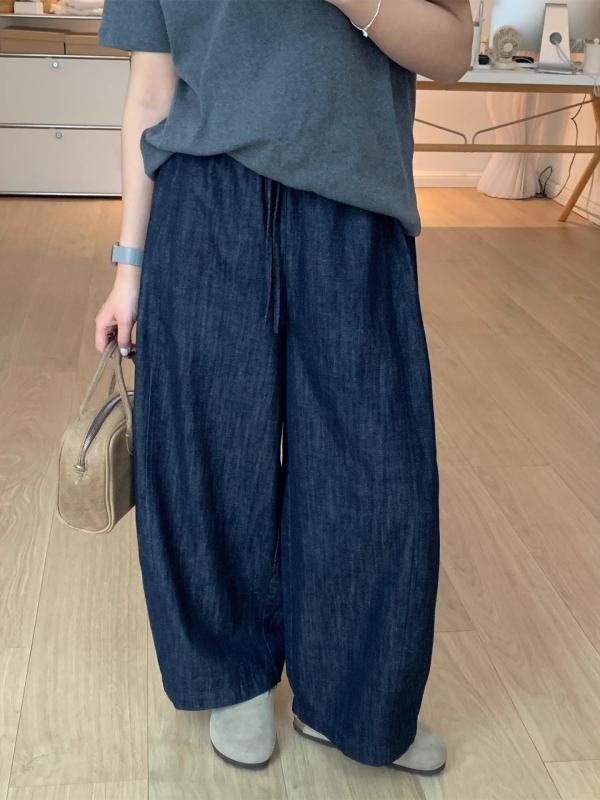 パンツ レディース 天? コットンリネン 快適 リラックス ストレート 薄手 ウエストゴム ブルー S M L XL 日韓スタイル