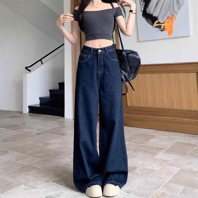デニム レディース ストレート ハイウエスト ジーンズ ジーパン ズボン パンツ ゆったり ワイド レトロ ウォッシュ加工 ブルー 綿 ポリエステル