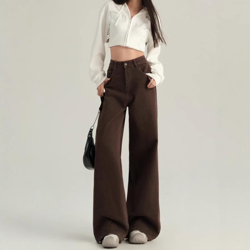 デニム レディース ワイドパンツ 秋冬 ハイウエスト ゆったり 美脚 ストレート ジーパン ジーンズ ズボン ボトムス 綿 コーヒー色 XS S M L XL 2XL 3XL