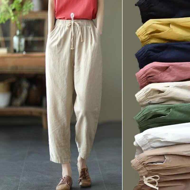 綿麻 パンツ レディース テーパードパンツ サルエルパンツ ウエストゴム 紐付き 文芸風 レトロ 薄手 M L XL XXL XXXL 4XL 麻色 黒色 白色 森林緑 紺色 ピンク色 黄色 カーキ色 赤色 リラックス 普段使い