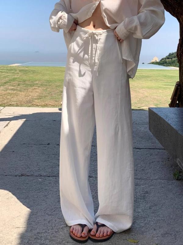 パンツ レディース リネンパンツ 亜麻 リラックス ストレート イージーパンツ ワイドレッグパンツ 薄手 通気性 ドローストリング 日韓スタイル カジュアル 無地 S M L XL ホワイト 紺色