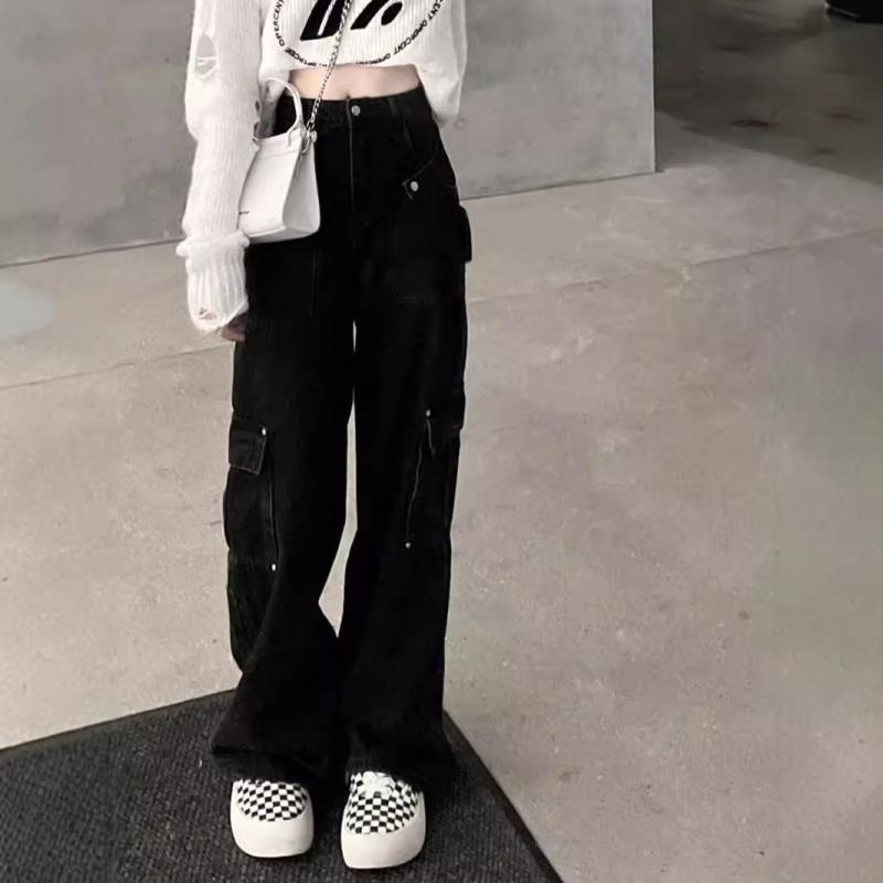ジーンズ レディース ワイド 高身長 ストレート 黒 デニムパンツ ゆったり 体型カバー 美脚 ハイウエスト 着痩せ ブラック デニム ジーパン ズボン ボトムス 長ズボン 伸縮性 韓国ファッション