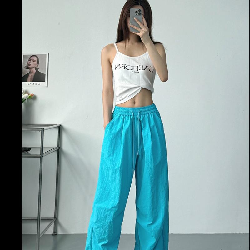 パンツ レディース スポーツ テーパードパンツ 薄手 ルーズ カジュアル ストリート ダンス 作業着 高腰 伸縮性 ポリエステル 湖藍 ブラック ・摩?