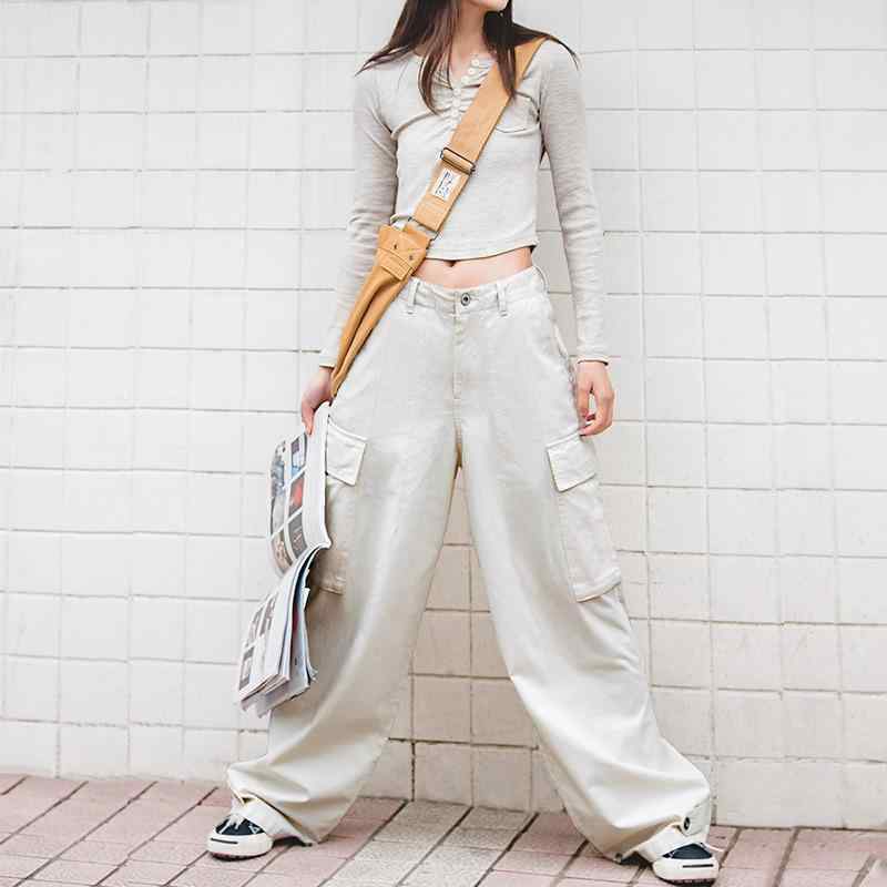 パンツ レディース カジュアル ワイドレッグパンツ ホワイト コットン100% ポケット付き カーゴパンツ ストレート ゆったり 大きめサイズ ワークパンツ