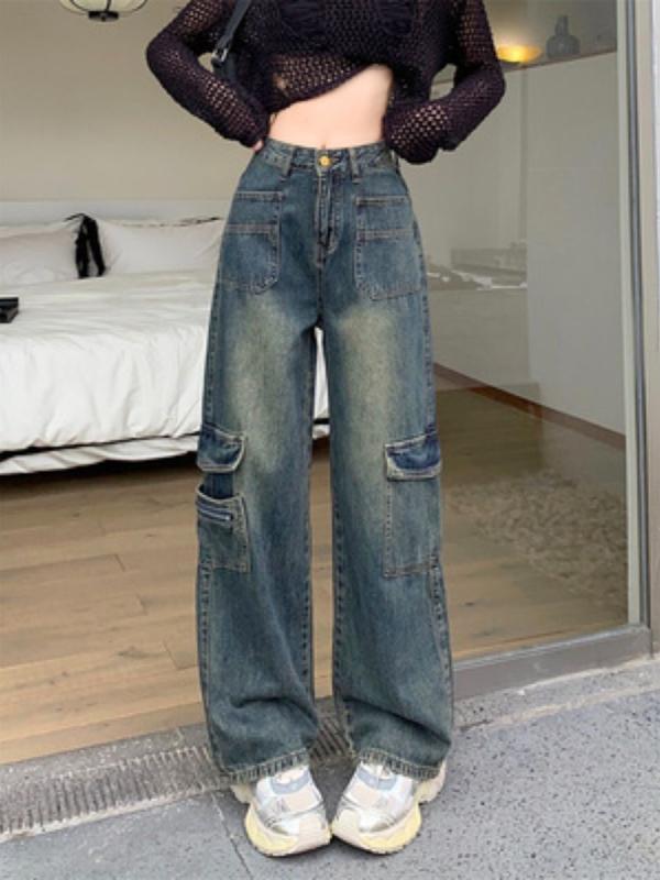 ジーンズ レディース 高 Street アメリカン ワークパンツ 春秋 新作 ゆったり レトロ ドレープ ワイドレッグ デザイン ロングパンツ コットン 粘土 ストリート 個性的