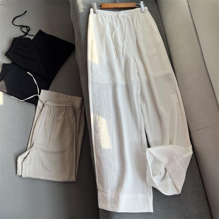 パンツ レディース 小柄 春夏 リネンブレンド 粘・屬?? 伸縮性 ゴムウエスト 休? 直筒 ワイドレッグパンツ 白 亜麻色 黒