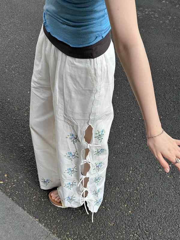 パンツ レディース 刺・墸 花柄 リネン ワイドパンツ ストレートパンツ 90% 95% 日韓風 カジュアル 白 S M L XL