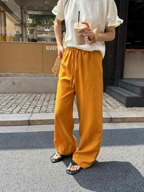 パンツ レディース 高腰 直筒パンツ テンセル 麻 混紡 無地 ゆったり ウエストゴム 紐付き カジュアル ピンク系 オレンジ系 薄手