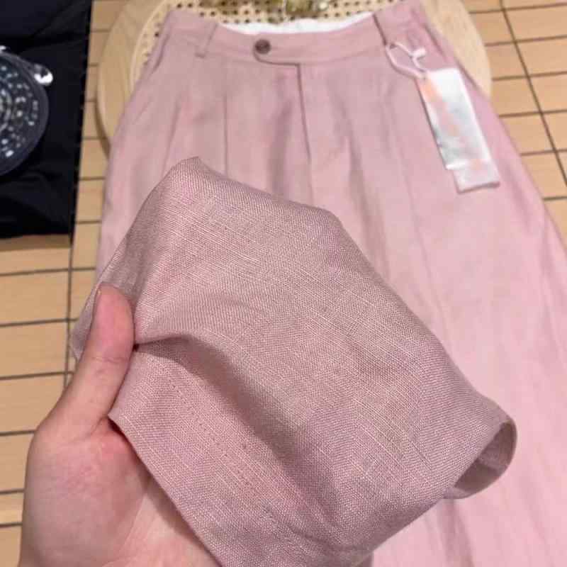 パンツ レディース 天セル 麻 リネン ワイドレッグパンツ 高身長 小柄 高見え ゆったり ストレートパンツ カジュアル 薄手 ピンク系 5,417円