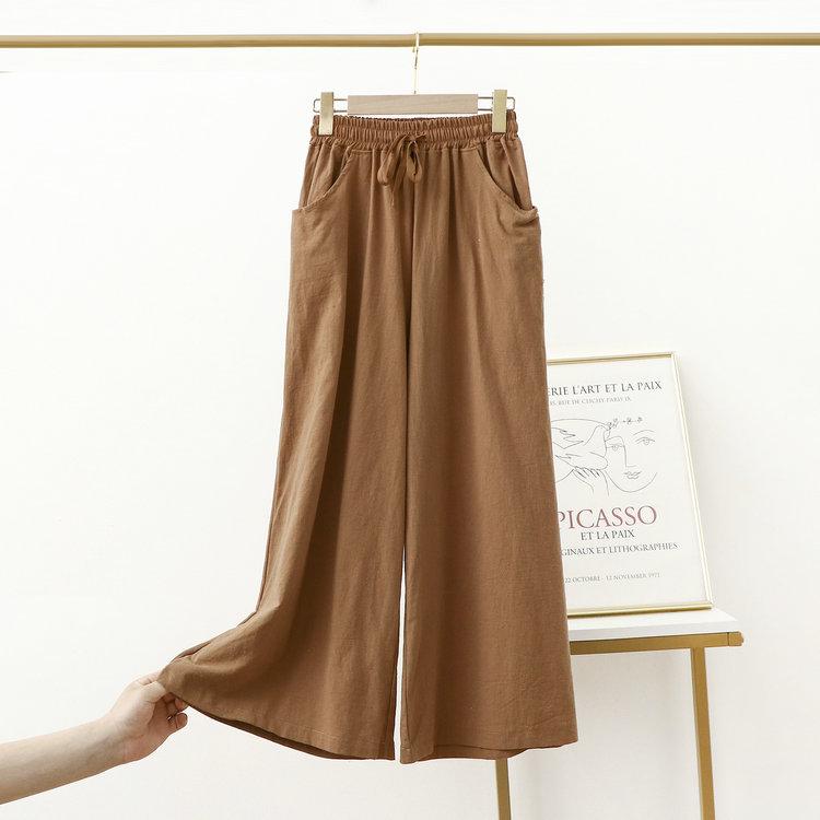 パンツ レディース 亜麻 リネン ワイドレッグパンツ ゆったり ハイウエスト クロップドパンツ ガウチョパンツ イージーパンツ カジュアル リラックス ルームウェア 黒 ブラック ブルー 青 緑 カーキ ベージュ M L XL