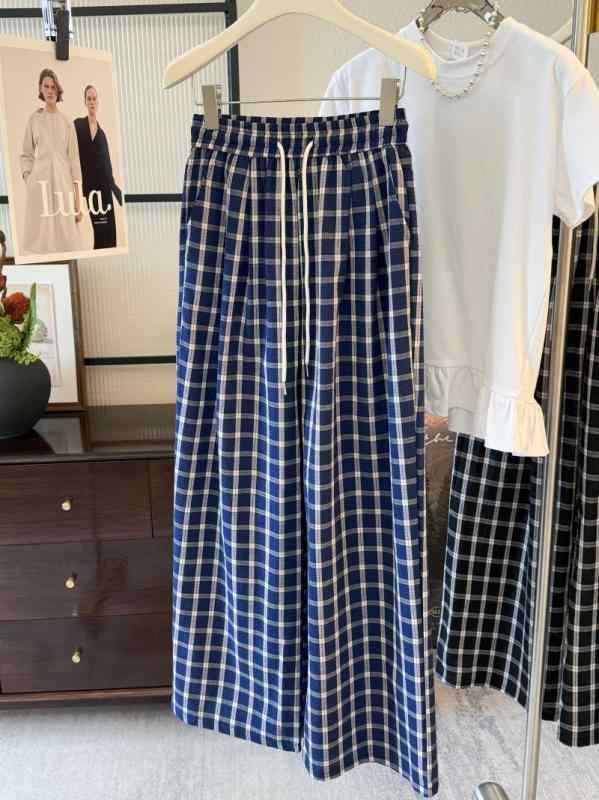 パンツ レディース ブルー チェック柄パンツ 薄手 ハイウエスト 垂れ感 レトロ ワイドレッグパンツ ゆったり ストレートパンツ 美脚 着痩せ カジュアルパンツ 普段使い リラックスパンツ ポリエステル