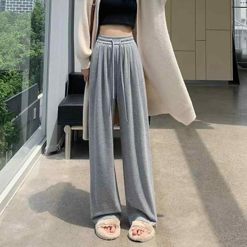 パンツ レディース ストレートパンツ ワイドレッグパンツ ポリエステル 高伸縮性 ウエストゴム ゆったり リラックス ルーズ カジュアル 韓国ファッション 普段使い 部屋着 ブラック ライトグレー モカ ダークグレー オフホワイト S M L XL