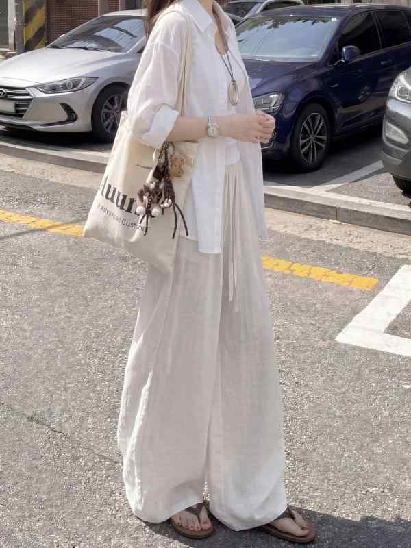パンツ レディース リネン 亜麻 混紡 ワイドパンツ 高腰 ストレート ゆったり 体型カバー カジュアル イージーパンツ 春夏 ブラック 黒