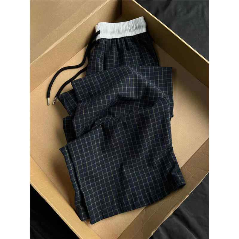 パンツ レディース 小柄 高身長 チェック柄 カジュアルパンツ リラックス イージーパンツ ハイウエスト ストレート ワイドレッグ 薄手