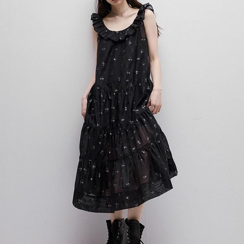 ワンピース レディース 暗青色 小花柄 Aライン ノースリーブ ロング丈 ポリエステル 普段使い リゾート