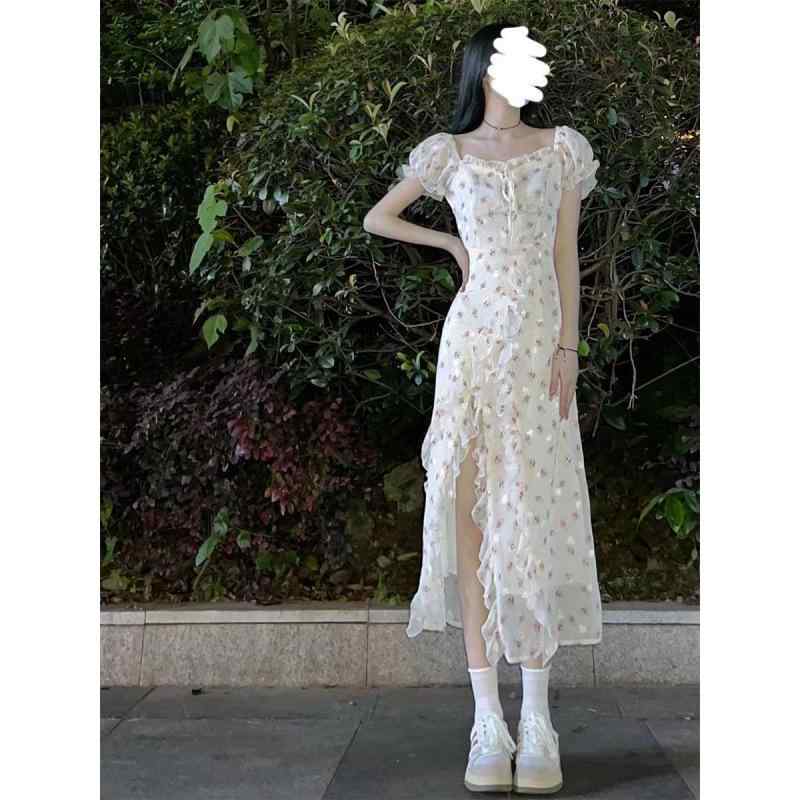 ワンピース レディース 春夏 フラワープリント 半袖 不規則な裾 スリット入り シャーリング ロングワンピース かわいい おしゃれ フェミニン