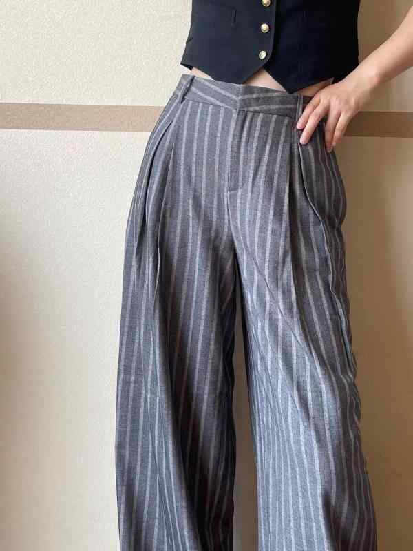 パンツ レディース 春夏 ストライプ リネン 混紡 提花 ゆったり テーパードパンツ カジュアル 通勤 オフィス