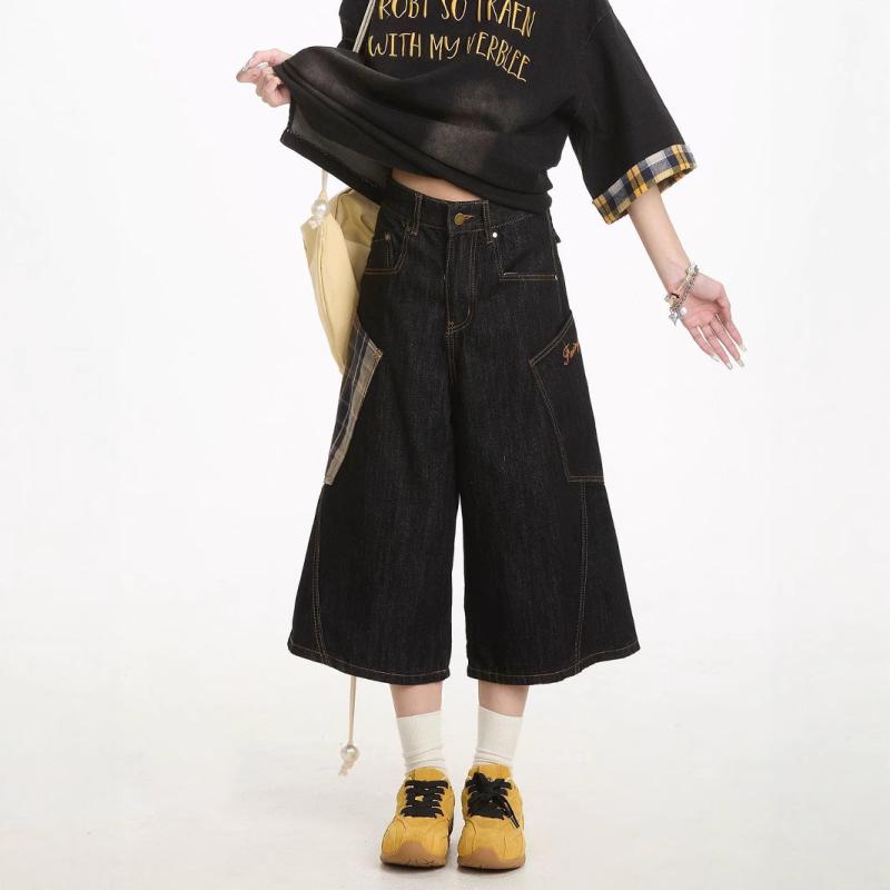 デニム レディース ショートパンツ ハイウエスト ワイド 格子柄 7分丈 カジュアル 黒 綿 伸縮性 快適 普段使い