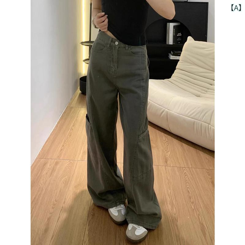 ジーンズ レディース 大きいサイズ ゆったり 灰色 デニム ワイドレッグパンツ ストレートパンツ ハイウエスト 着痩せ効果 ポケット付き コットン ポリエステル 普段使い 通勤 韓国ファッション