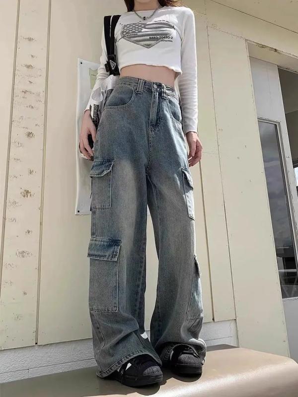 デニム レディース ジーンズ ジーパン ワイドパンツ バギーパンツ ストレートパンツ 高見え 美脚 脚長効果 ゆったり 高 Street風 切り替え ワークパンツ
