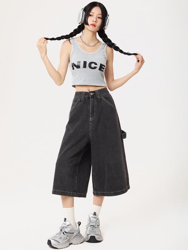 デニム レディース 高腰 ワイド キュロットパンツ 黒 グレー 7分丈 ゆったり ワークパンツ カジュアル 春夏